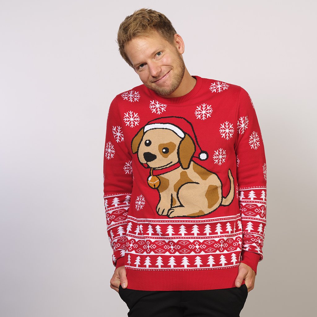 Un homme portant un pull de Noël rouge avec un chien et des flocons de neige.